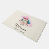 Farbenfrohe Macarons und Blume Wasserfarbe Willkom Fußmatte (Schrägansicht)