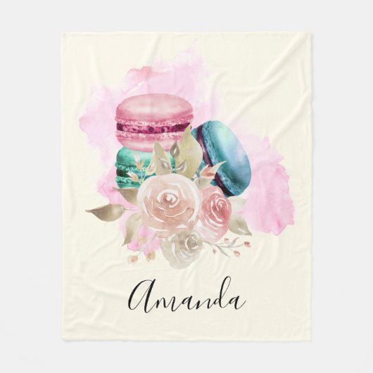 Farbenfrohe Macarons und Blume Wasserfarben Fleecedecke (Vorderseite)