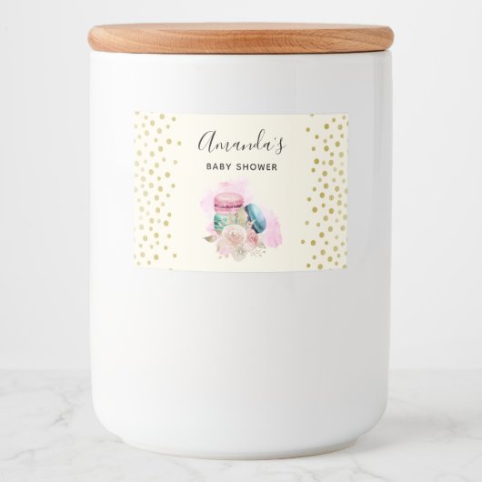 Farbenfrohe Macarons und Blume Wasserfarben Lebensmitteletikett (Vorderseite)