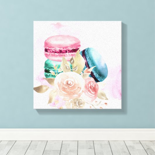 Farbenfrohe Macarons und Blume Wasserfarben Leinwanddruck (Insitu (Holzboden))