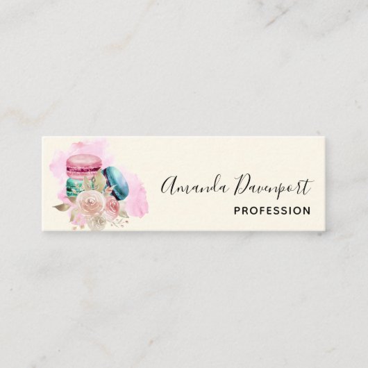 Farbenfrohe Macarons und Blume Wasserfarben Mini Visitenkarte (Vorderseite)