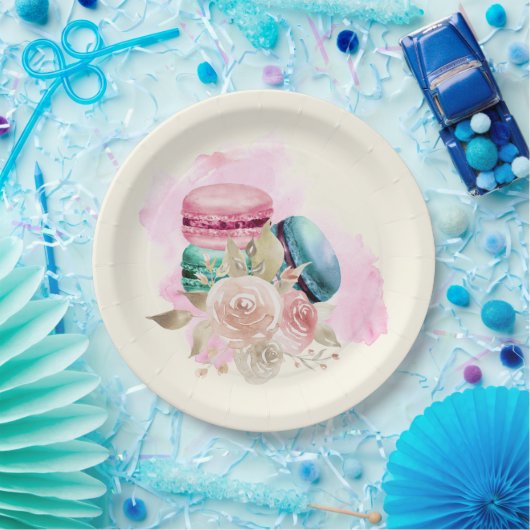 Farbenfrohe Macarons und Blume Wasserfarben Pappteller (Party)