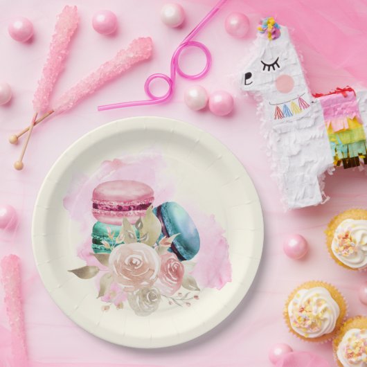 Farbenfrohe Macarons und Blume Wasserfarben Pappteller (Party)