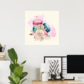 Farbenfrohe Macarons und Blume Wasserfarben Poster (Heimbüro)
