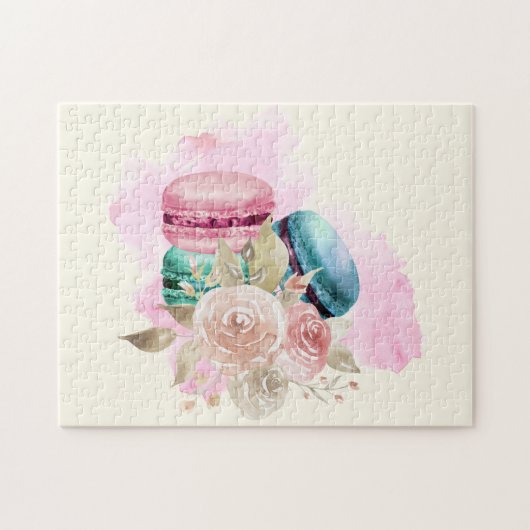 Farbenfrohe Macarons und Blume Wasserfarben Puzzle (Horizontal)