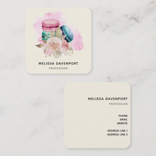 Farbenfrohe Macarons und Blume Wasserfarben Quadratische Visitenkarte (Vorne/Hinten)