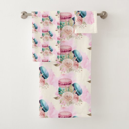 Farbenfrohe Macarons und Blume Wasserfarbmuster Badhandtuch Set (Insitu)