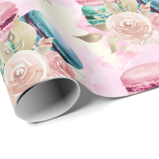 Farbenfrohe Macarons und Blume Wasserfarbmuster Geschenkpapier (Rolleneckpunkt)