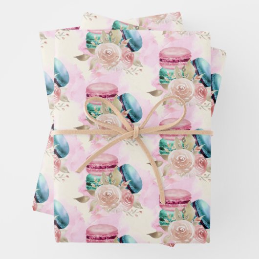 Farbenfrohe Macarons und Blume Wasserfarbmuster Geschenkpapier Set (Beispiel)