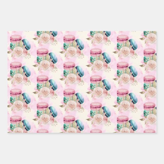 Farbenfrohe Macarons und Blume Wasserfarbmuster Geschenkpapier Set (Vorderseite)