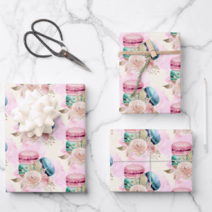 Farbenfrohe Macarons und Blume Wasserfarbmuster Geschenkpapier Set
