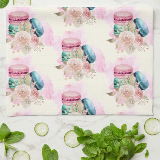 Farbenfrohe Macarons und Blume Wasserfarbmuster Geschirrtuch (Gefaltet)