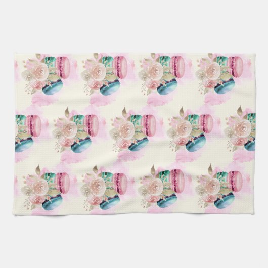 Farbenfrohe Macarons und Blume Wasserfarbmuster Geschirrtuch (Horizontal)
