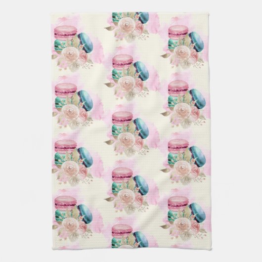 Farbenfrohe Macarons und Blume Wasserfarbmuster Geschirrtuch (Vertikal)