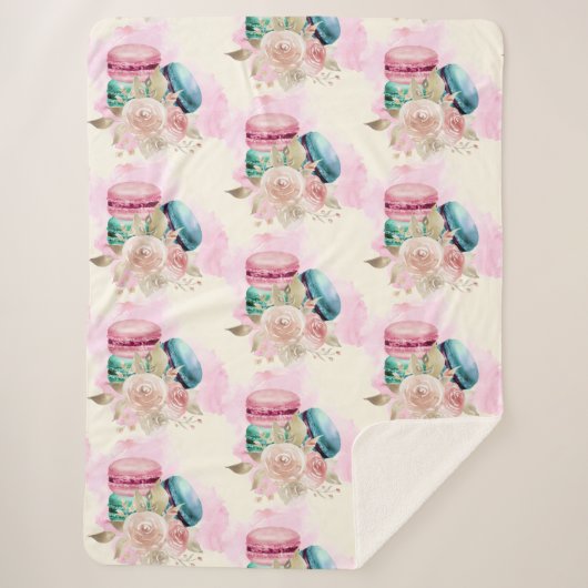 Farbenfrohe Macarons und Blume Wasserfarbmuster Sherpadecke (Vorderseite)