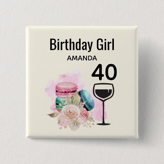 Farbenfrohe Macarons und Wine Birthday Girl Button (Vorderseite)