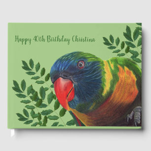 Farbenfrohe Macaw Parrot Green Blätter Geburtstag Gästebuch