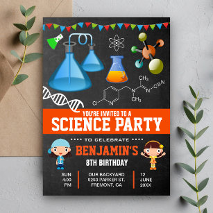 Farbenfrohe Mad Science Kindergeburtstag Party Einladung