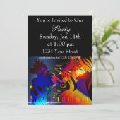 Farbenfrohe Mädchen tanzen und musikalische Noten Einladung (Stehend Vorderseite)