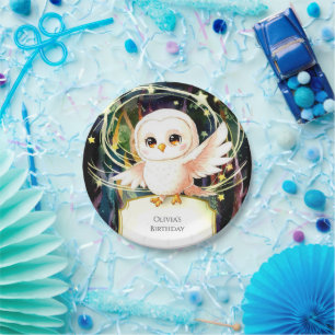 Farbenfrohe magische Eule zum Geburtstag Pappteller