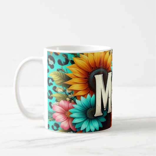 Farbenfrohe Mama mit Sonnenblumen und Leopard Kaffeetasse (Links)