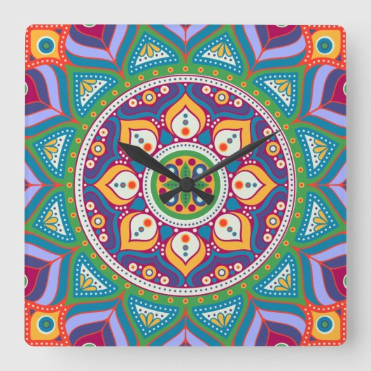 Farbenfrohe Mandala Clock Quadratische Wanduhr (Vorderseite)