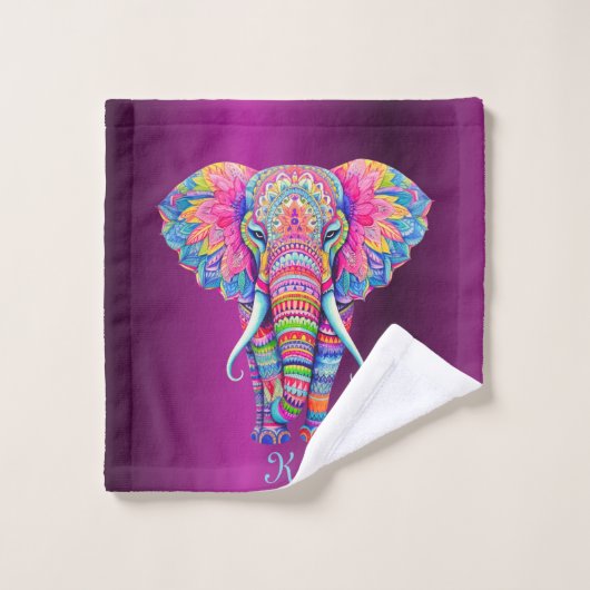Farbenfrohe Mandala Elephant mit individuellem Nam Badhandtuch Set (Waschlappen)