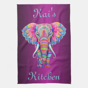 Farbenfrohe Mandala Elephant mit individuellem Nam Geschirrtuch