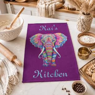 Farbenfrohe Mandala Elephant mit individuellem Nam Geschirrtuch