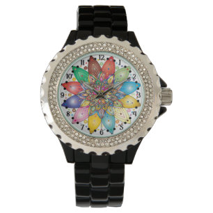 Farbenfrohe Mandala mit arabischen Zahlen Armbanduhr