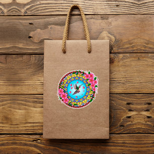 Farbenfrohe Mandala mit Kolibris und rosa Blume Aufkleber