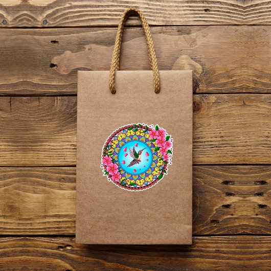 Farbenfrohe Mandala mit Kolibris und rosa Blume Aufkleber