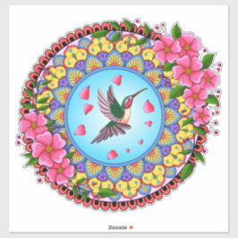 Farbenfrohe Mandala mit Kolibris und rosa Blume Aufkleber