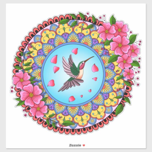 Farbenfrohe Mandala mit Kolibris und rosa Blume Aufkleber (Blatt)