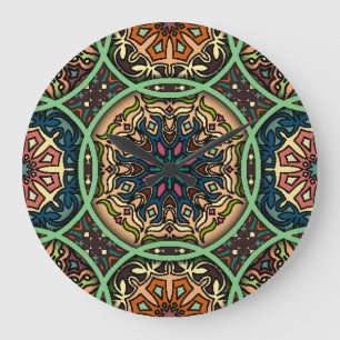 Farbenfrohe Mandala: Vintage Hand mit Blumen Große Wanduhr