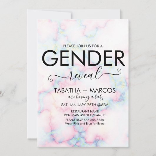 Farbenfrohe marble Muster Skriptgeschlecht-Darstel Einladung (Vorderseite)