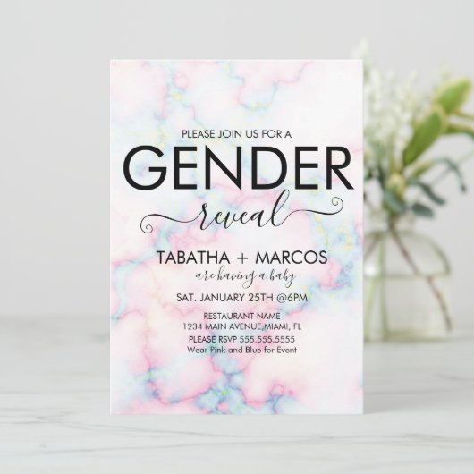 Farbenfrohe marble Muster Skriptgeschlecht-Darstel Einladung (Stehend Vorderseite)