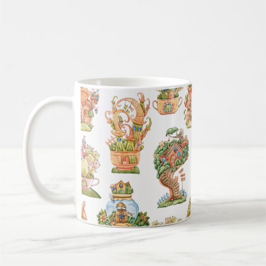 Farbenfrohe Märchenhäuser Muster Kaffeetasse (Links)