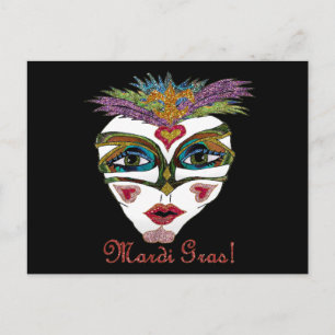 Farbenfrohe Mardi Gras Glitzer Feather Mask Postkarte