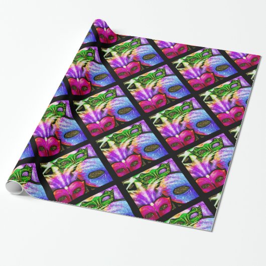 Farbenfrohe Mardi Gras Masken Wrapping Paper Geschenkpapier (Ungerollt)