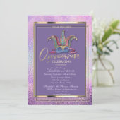 Farbenfrohe Masque Holographic Quinceañera Einladung (Stehend Vorderseite)