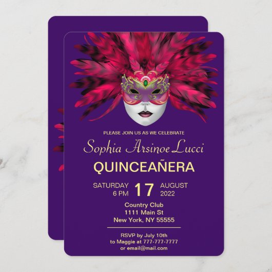 Farbenfrohe Masquerade Quinceñera Party Einladung (Vorne/Hinten)