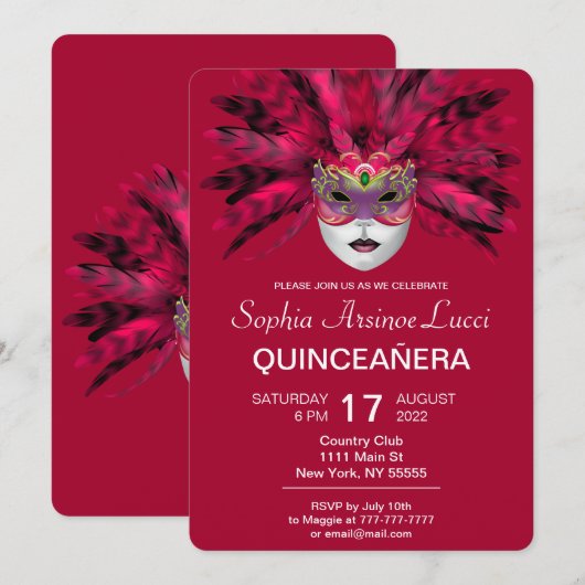 Farbenfrohe Masquerade Quinceñera Party Einladung (Vorne/Hinten)