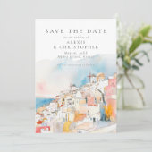 Farbenfrohe mediterrane Landschaft Foto Hochzeit Save The Date (Stehend Vorderseite)