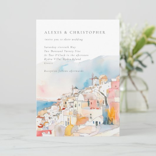 Farbenfrohe mediterrane Landschaft Hochzeit Einladung (Stehend Vorderseite)