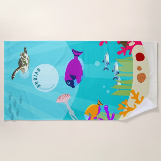 Farbenfrohe Meerestiere Kinder Name Strandtuch (Vorderseite)