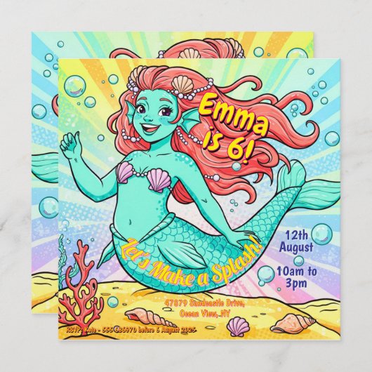 Farbenfrohe Meerjungfrau Party Einladung (Vorne/Hinten)