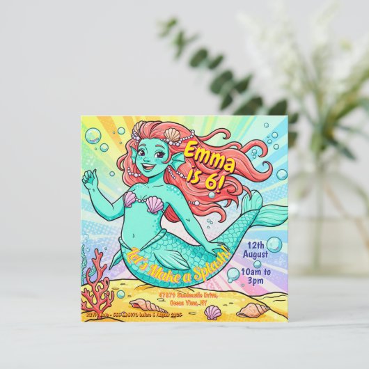 Farbenfrohe Meerjungfrau Party Einladung (Stehend Vorderseite)