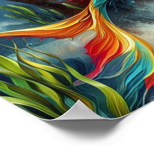 Farbenfrohe Meerjungfrau sitzend auf der Felsenbuc Poster (Ecke)