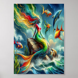 Farbenfrohe Meerjungfrau sitzt auf der Rocky Shore Poster